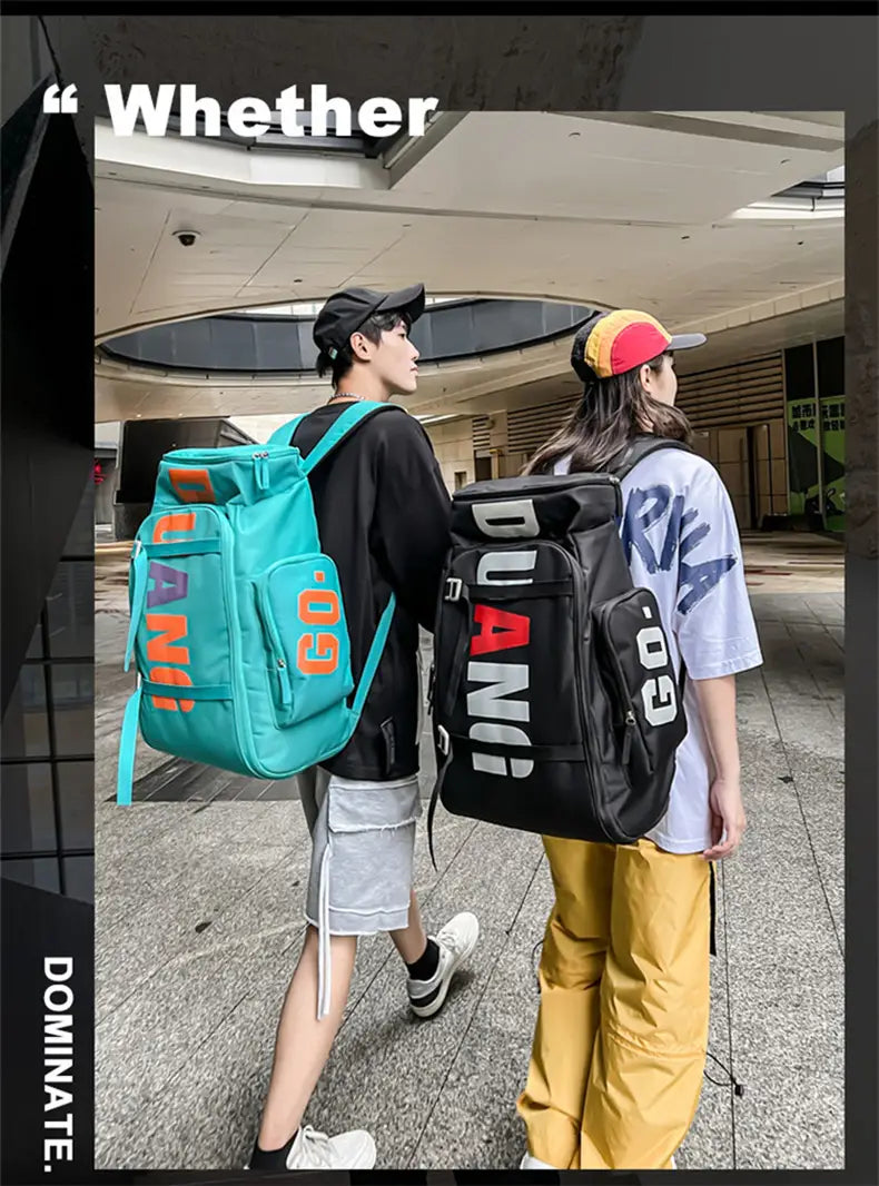 Teal and black dungeon branded waterproof gym backpack and travel duffel bag with bold orange lettering.