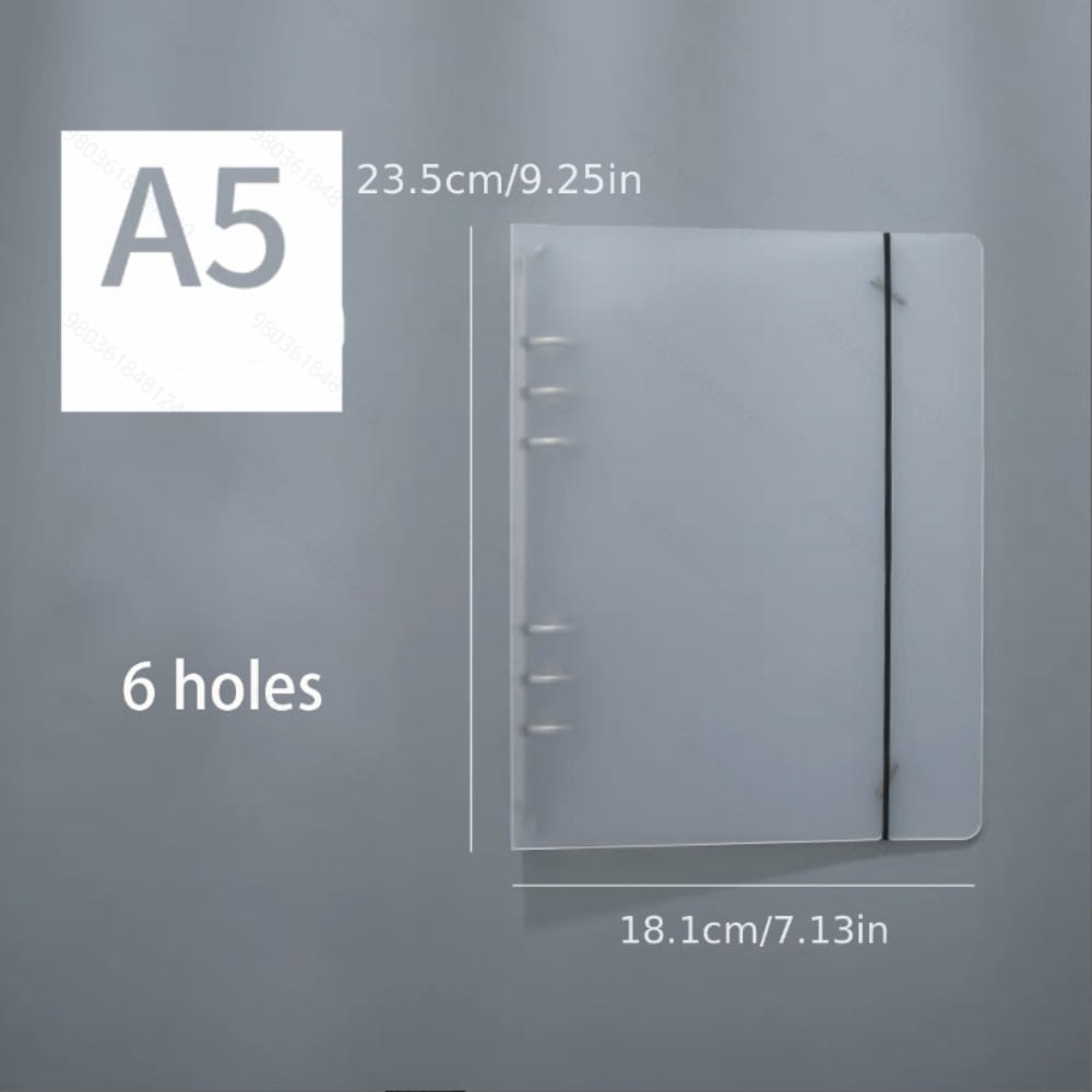 Transparent A5 translucent loose leaf ring binder notebook with six metal rings and black elastic closure.