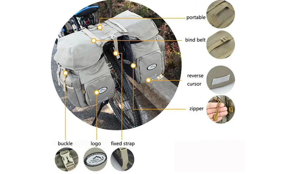 Wasserfeste Doppelfahrradtaschen im taktischen Stil Ztz 50l in Tan mit verstärkter Naht und strapazierfähiger Oberflächenverarbeitung, ausgelegt für den robusten Einsatz.