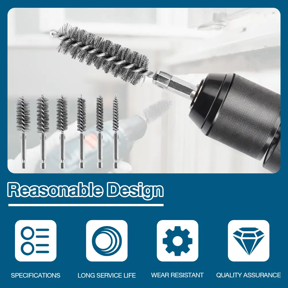 metallic spiral brush attachment for power drills with durable steel bristle head and black textured grip from stainless steel wire bore brush set