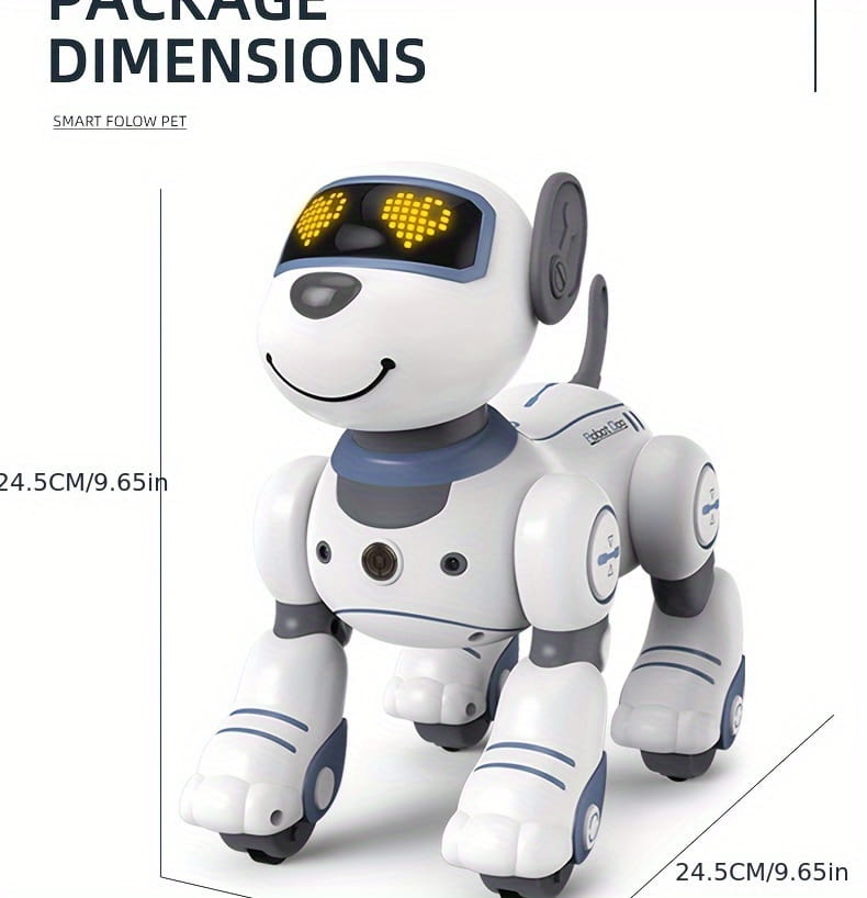 white and gray remote control robotic dog toy with glowing yellow heart-shaped eyes, smiling face, articulated limbs, and rechargeable battery feature