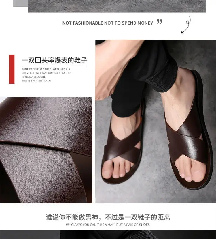 Dunkelbraune Herren-Echtleder-Slipper mit Kreuzriemen-Design.