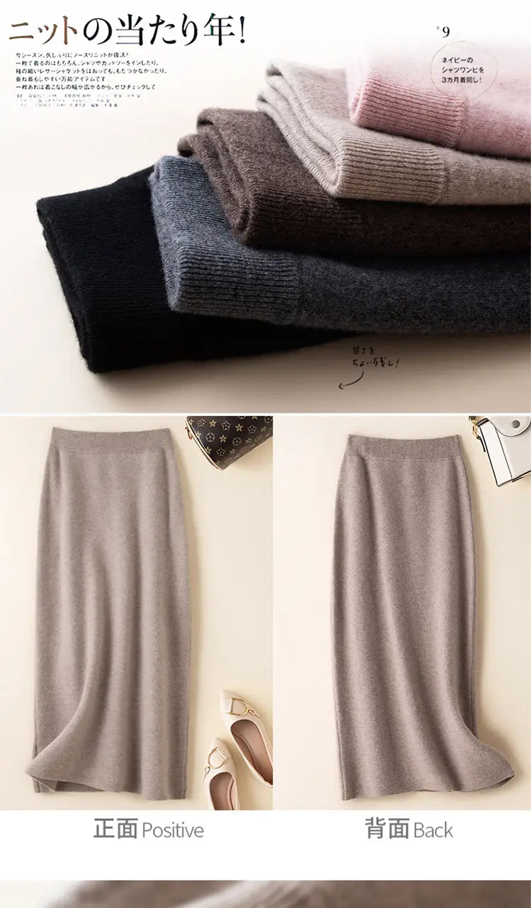 Stack of soft knitted sweaters in muted tones including black gray and pink paired with a wool knit midi skirt high waisted pencil skirt.