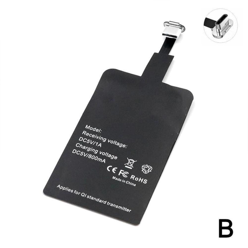 black rectangular wireless charging receiver with metallic type c connector for android phones enabling wireless charging functions