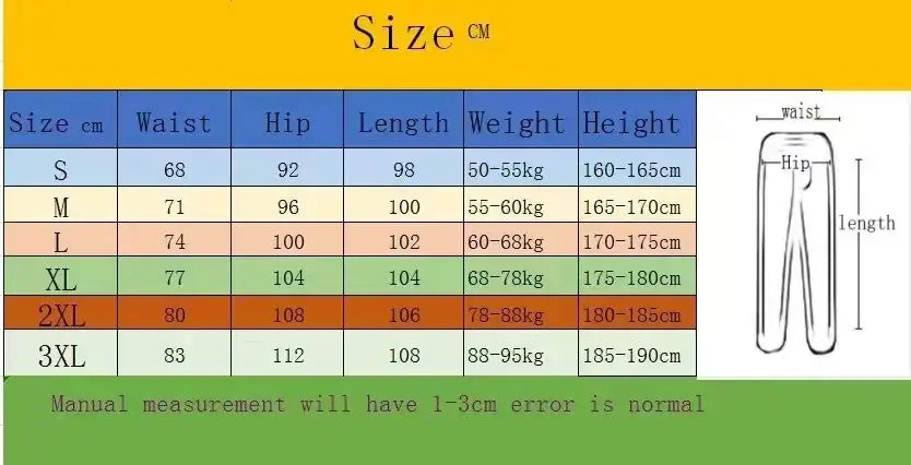 L’image montre un tableau des tailles en centimètres pour des pantalons d’entraînement pour hommes, des sweatpants graphiques, des vêtements d’entraînement, couvrant les tailles de S à 3XL.