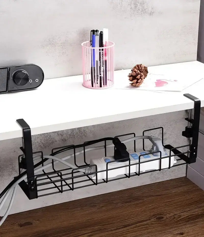 black metal wire cable management tray with adjustable brackets designed for under desk metal wire storage rack organization