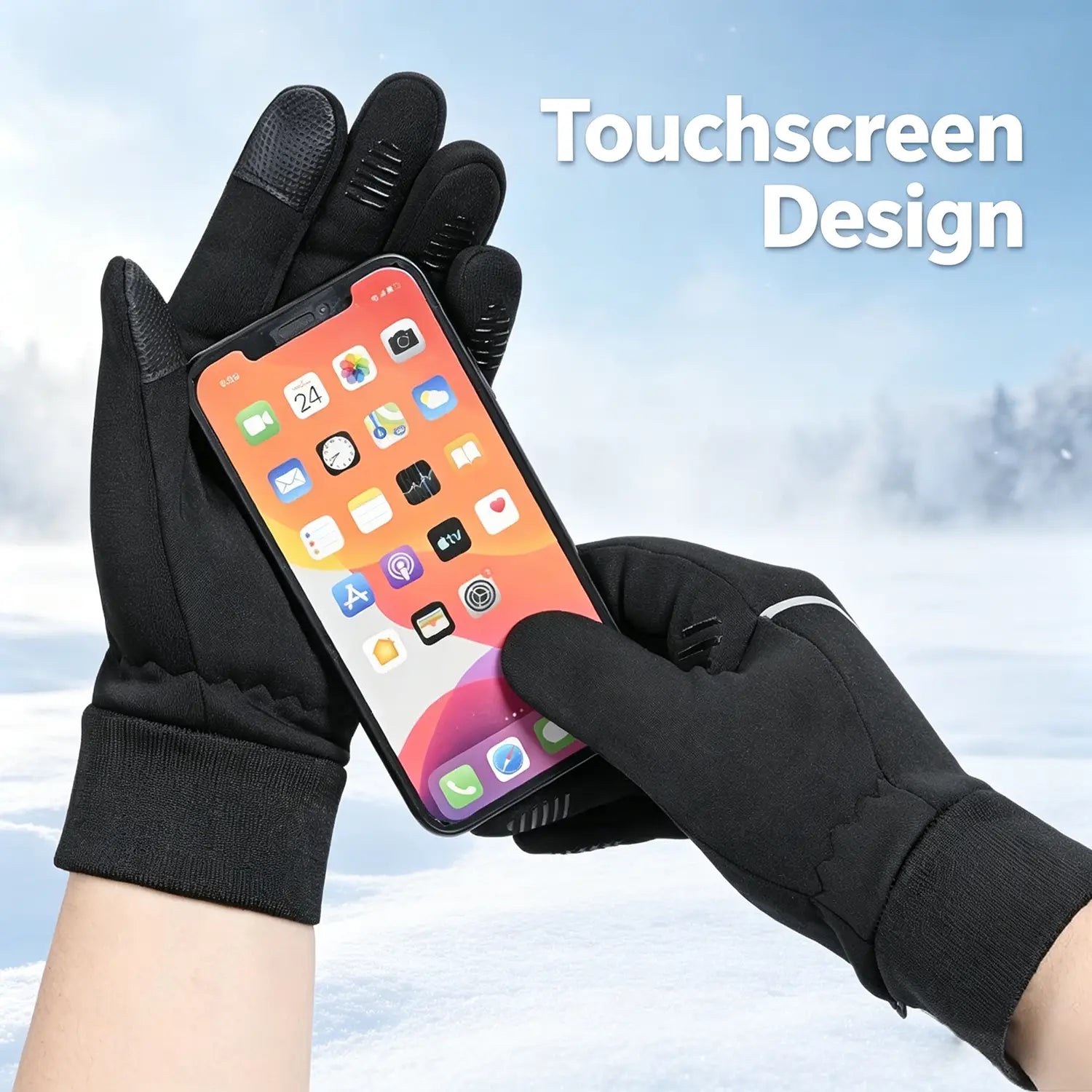 Black men’s windproof touchscreen cycling gloves with textured fingertips and a snug elastic wristband shown from the back side