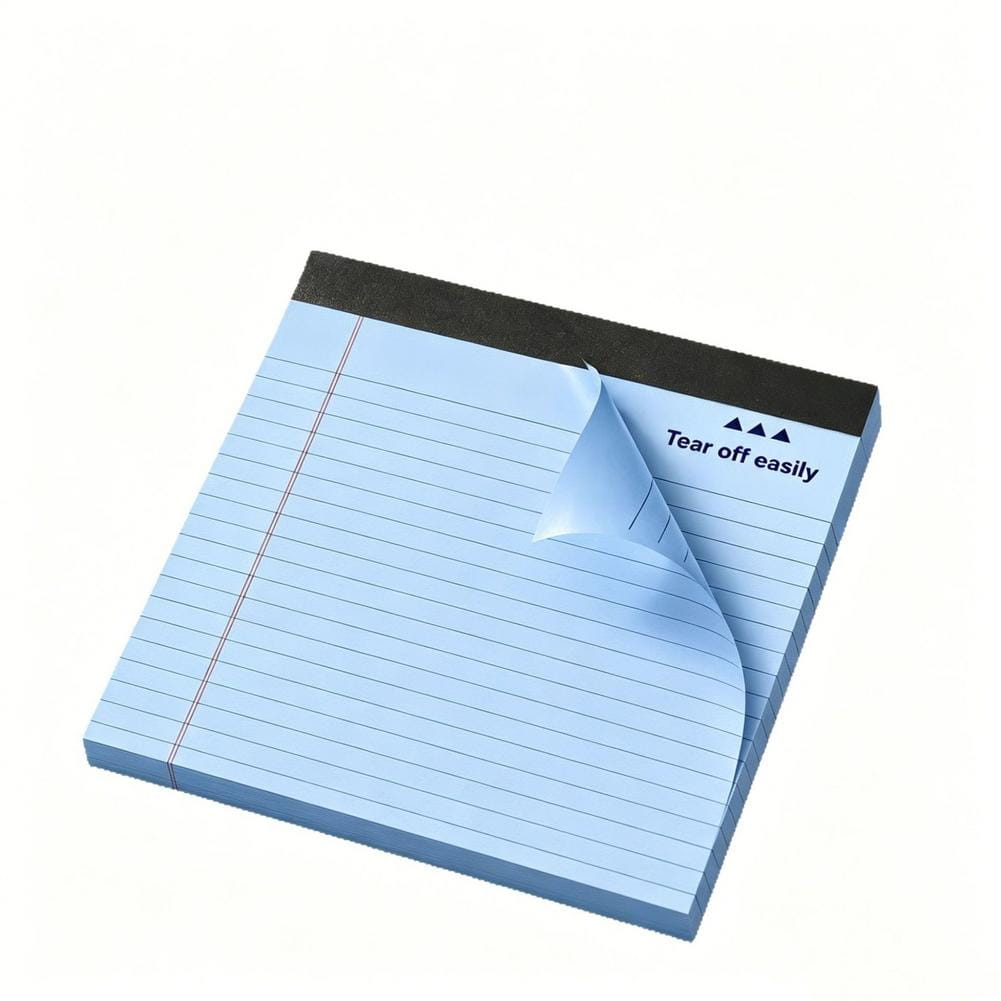 A5 lined colorful notepad with light blue pages and a black adhesive strip featuring tear off easily for note taking.