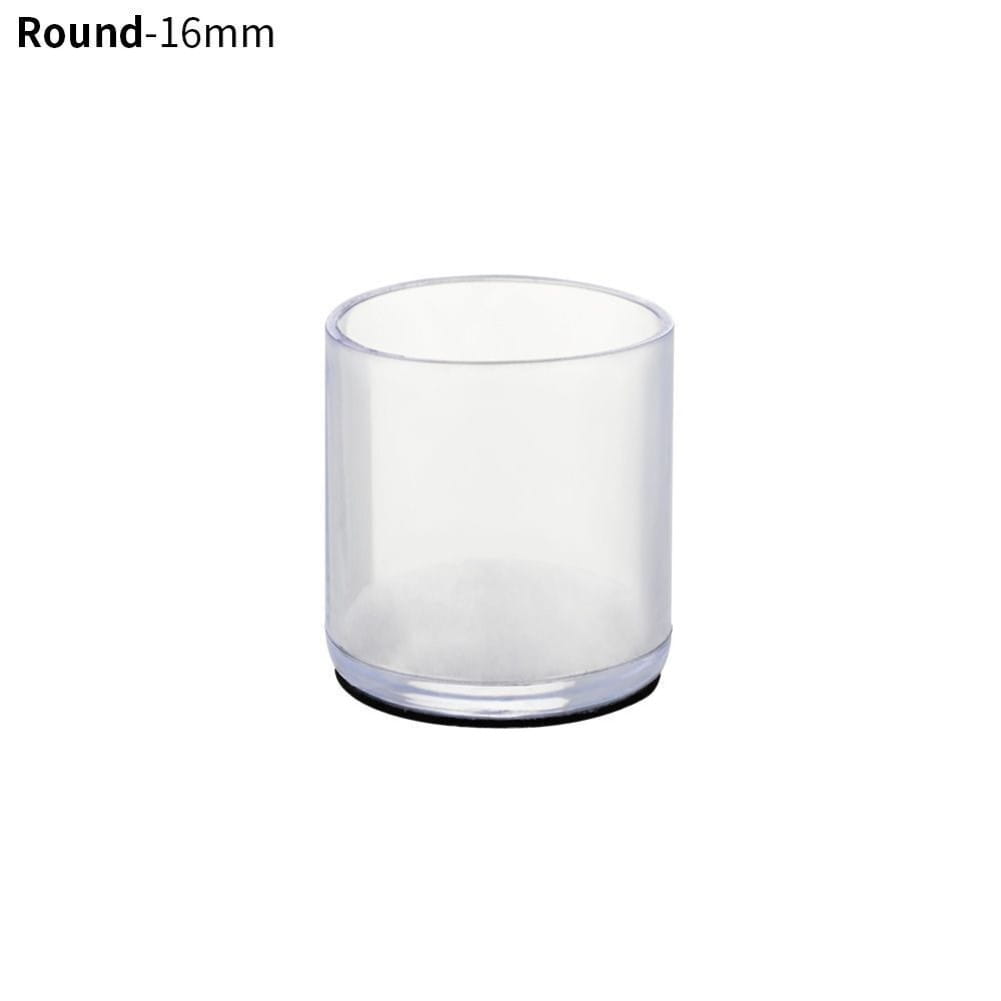黒色の底部に「round-16mm」と表示されたクリアプラスチック円筒容器に入った、透明な白色の高品質な家具脚プロテクターキャップです。