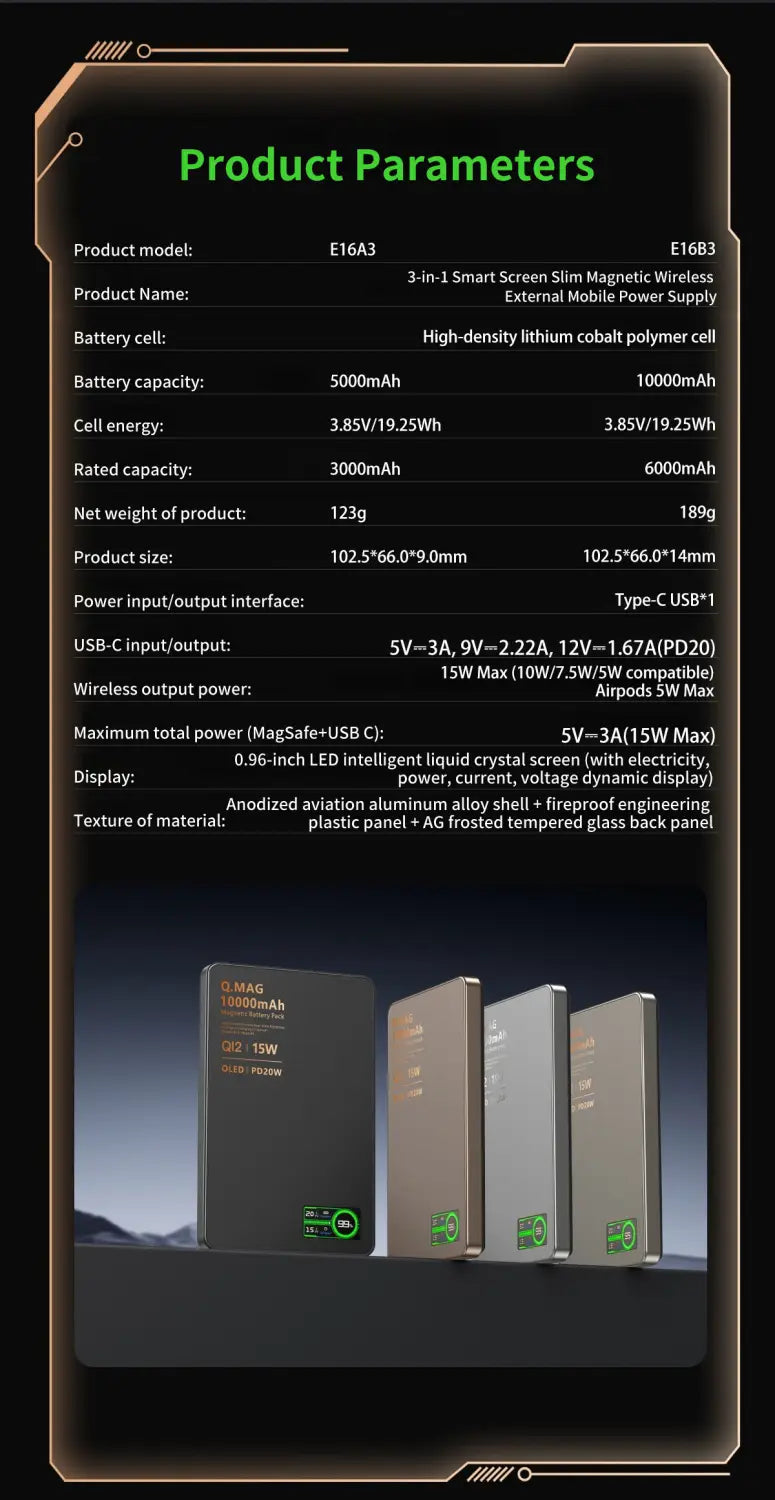 Schwarze rechteckige Qi2-Magnet-Wireless-Powerbank mit schlankem Design, LED-Anzeige und magnetischen Ladeanschlüssen für externe mobile Stromversorgung.