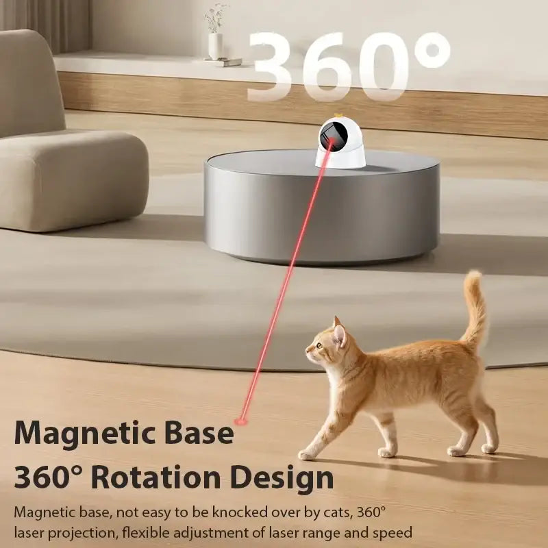 White cylindrical interactive laser cat toy with black lens and red laser mounted on a magnetic base