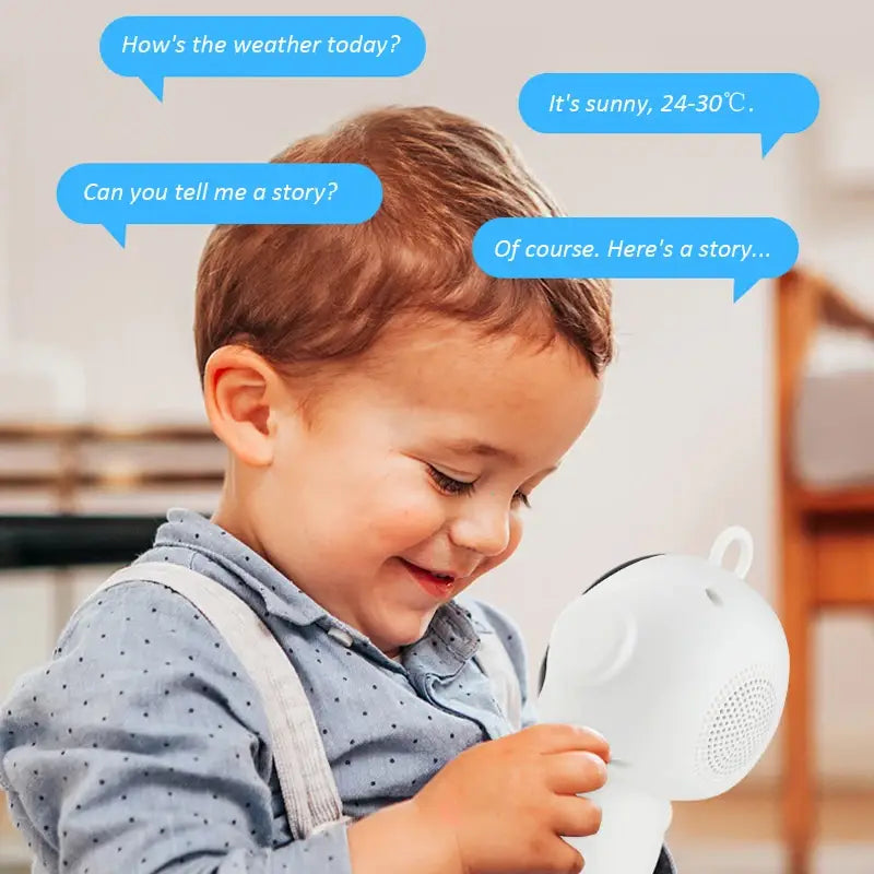 スピーカーグリルおよびハンドルを備えた白色の丸みのあるスマートAI学習ロボットで、Smart Lifeアプリに対応し、双方向学習のためのチャットモードを搭載します。