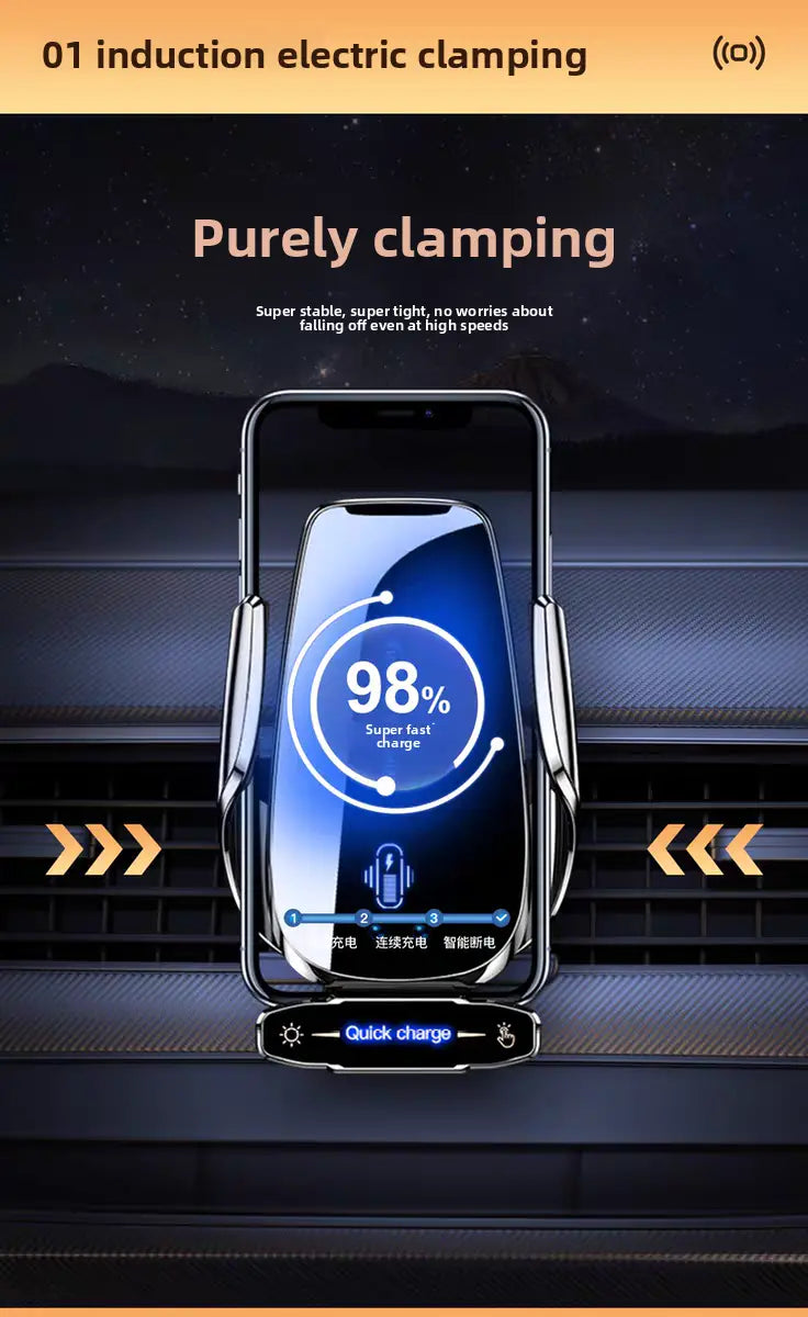 Silver metallic auto clamping wireless car charger phone mount with induction electric clamping design for secure and fast charging