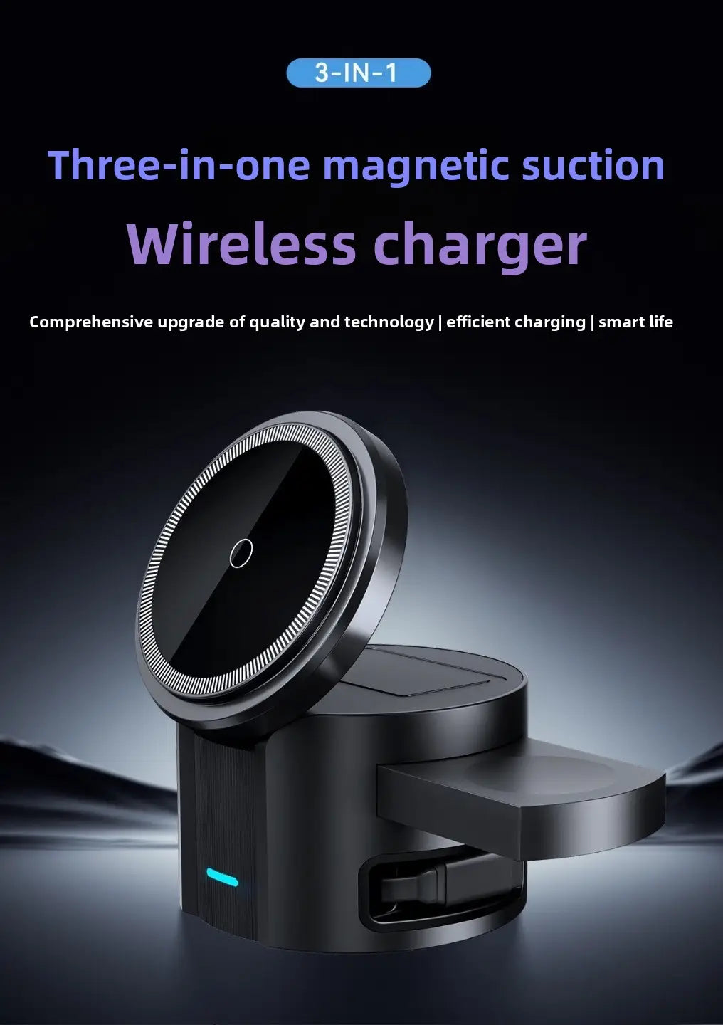 Schwarzes magnetisches Saug-Wireless-Ladegerät mit einer eleganten kreisförmigen Ladefläche und integriertem Standfuß, mit ausziehbarem Ladekabel und Fremdkörpererkennung.