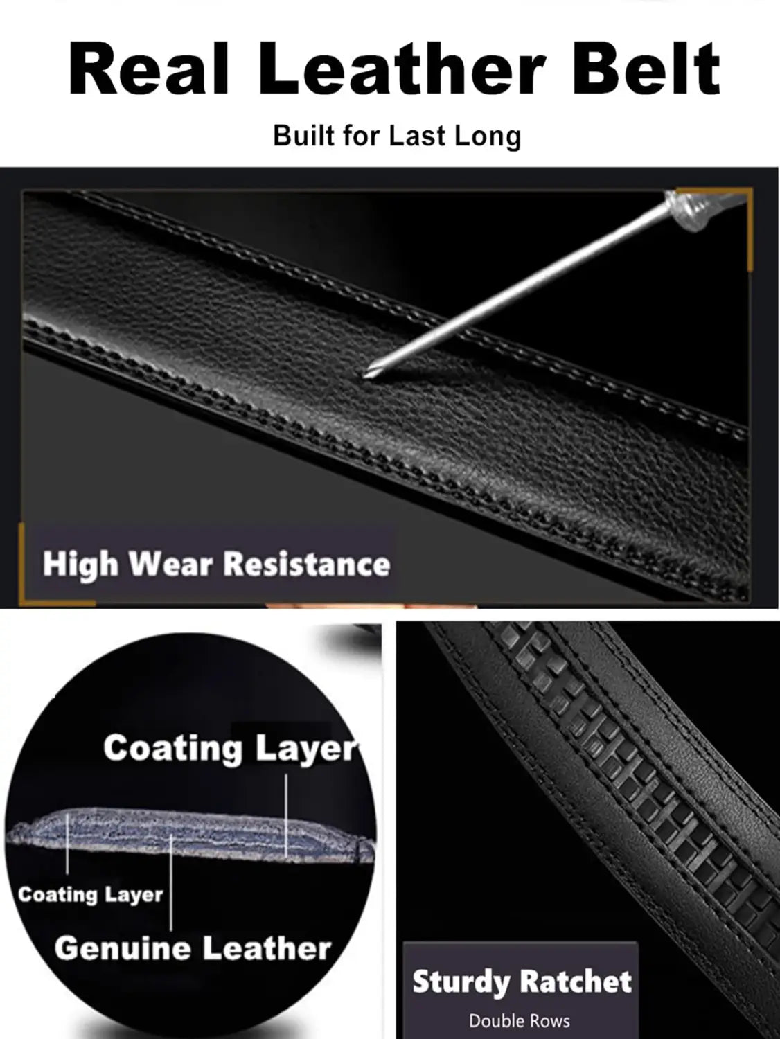Oyifan ratchet leather belt for men in black real leather with sturdy ratchet mechanism and double rows of stitching.