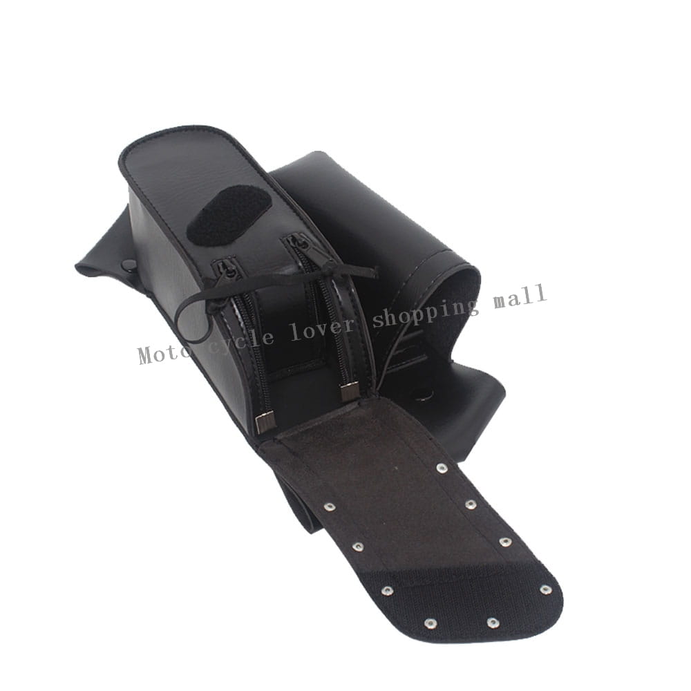 black leather motorcycle saddlebag with zippers and metal rivets made of pu leather for harley touring guard bags shown from the back side