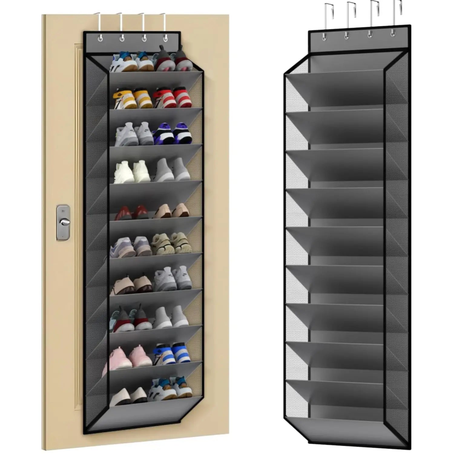 Organisateur de chaussures en maille grise avec cadre noir et crochets de suspension, conçu comme un organisateur de chaussures au-dessus de la porte, avec 10 niveaux pour un rangement efficace des chaussures.