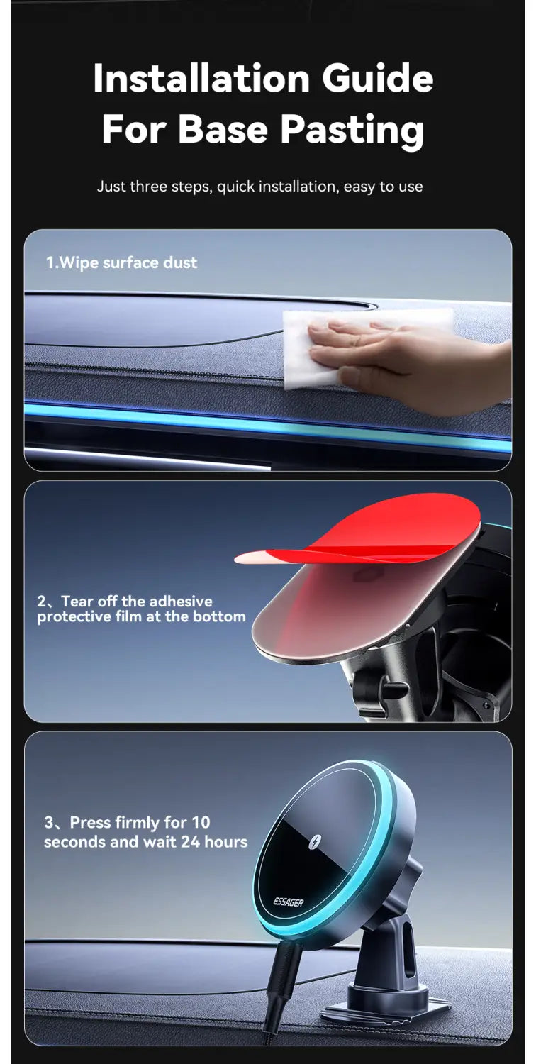 Essager 15w magnetic wireless car charger mount in black with a glowing blue circular ring around its base.