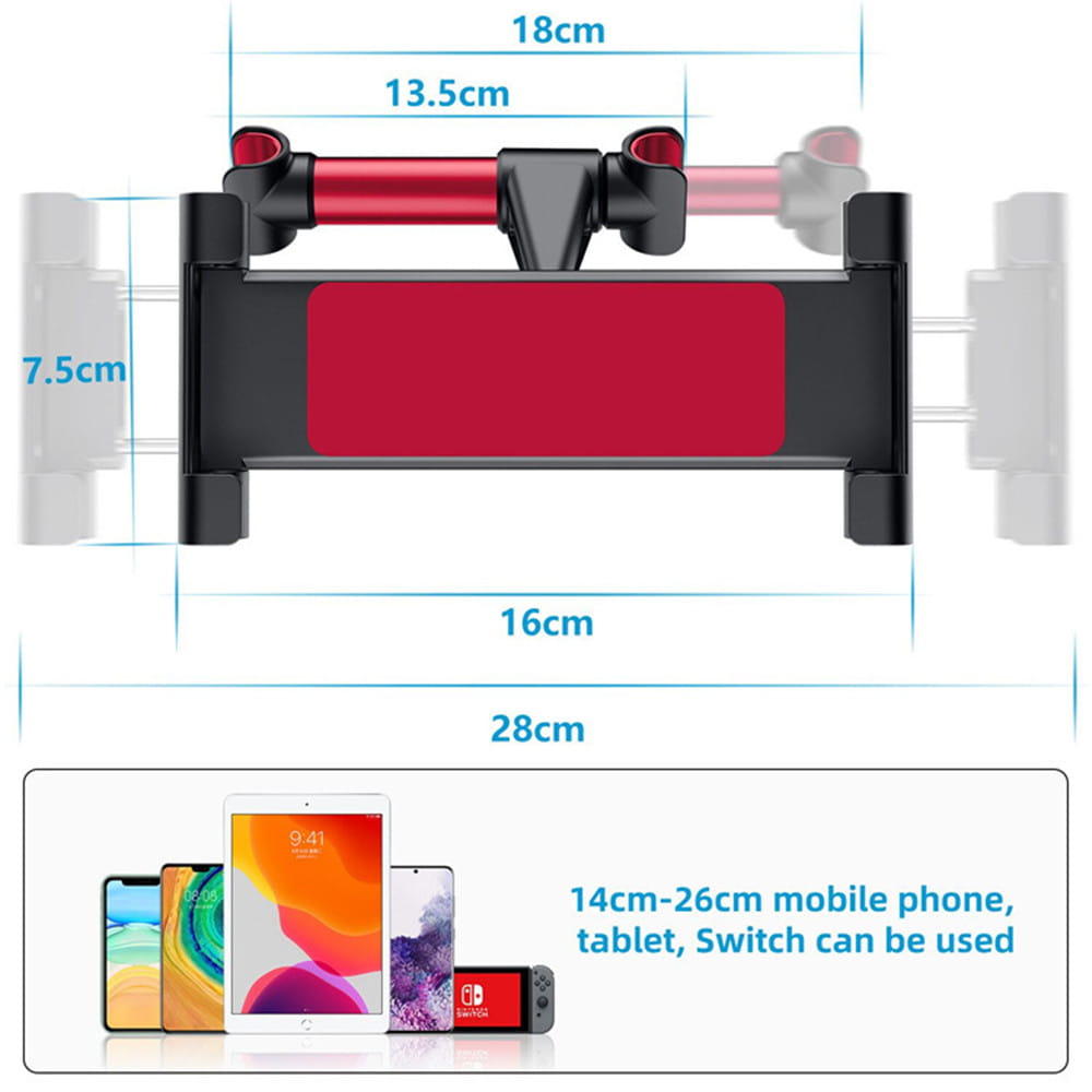 Rote und schwarze verstellbare Handyhalterung für das Auto mit eleganter, moderner Gestaltung für die Tablet-Kopfstützenhalterung, kompatibel mit Geräten von 4,7 bis 13 Zoll.
