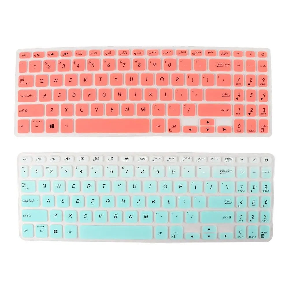 coral and mint green silicone laptop keyboard covers with black lettering designed for 15.6 inch laptops