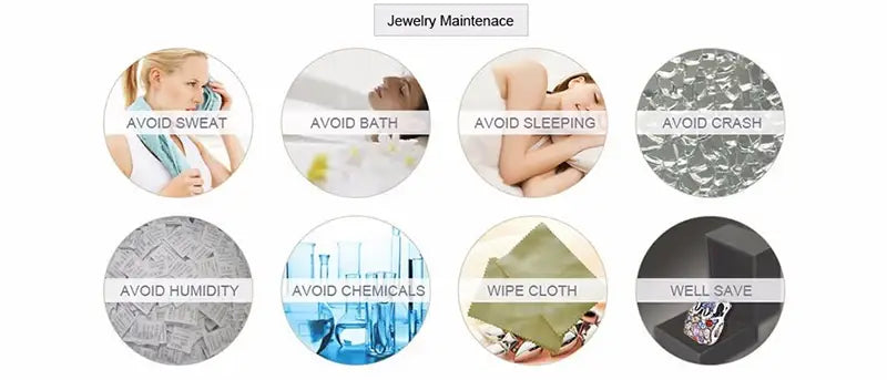 infographie illustrant des conseils d'entretien des bijoux avec des icônes circulaires pour le ras-cou à pointes style punk en cuir noir, collier gothique, incluant des recommandations d'entretien afin d'éviter la sueur, le bain, le sommeil, les chocs, l'humidité, les produits chimiques, et l'utilisation d'un chiffon de nettoyage pour une utilisation lors de soirées, de fêtes.