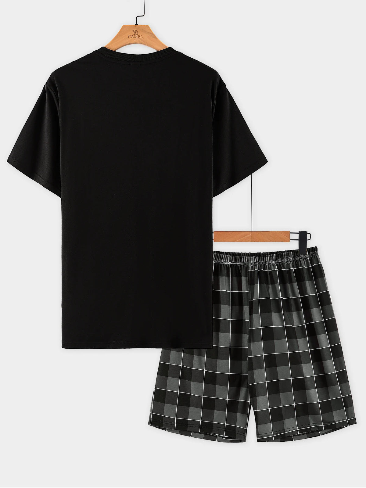 Men's Black & Gray Plaid Pocket Pajama Set 2 Piece Short Sleeve & Shorts Comfortable Loungewear