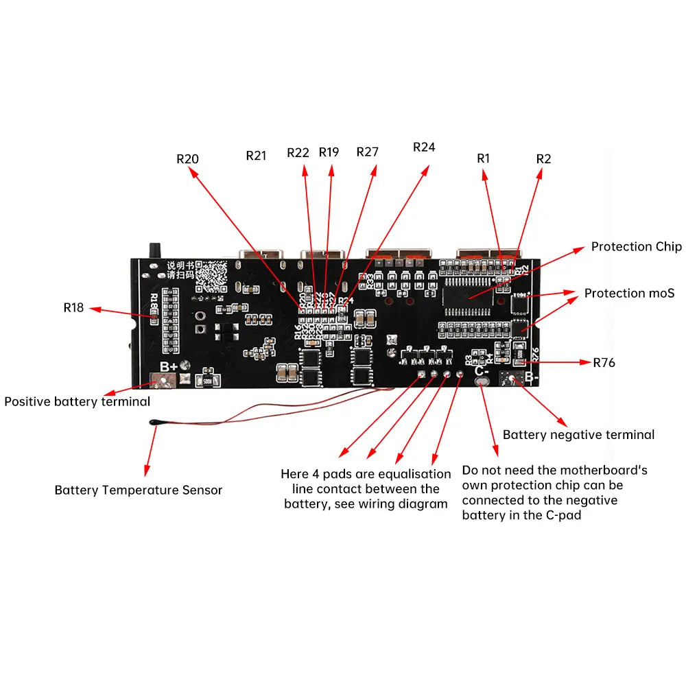 Module de carte de circuit imprimé rectangulaire noire pour batterie externe de charge rapide 100 W, avec composants identifiés et points de connexion visibles.