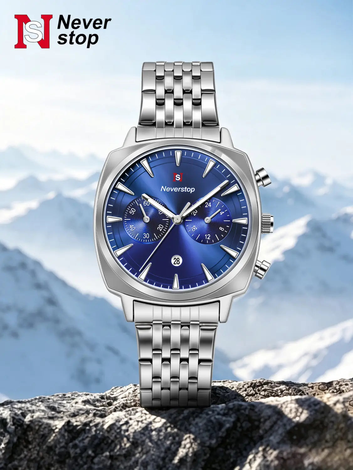 Men’s stainless steel chronograph watch by Neverstop featuring a silver bracelet and a vibrant blue dial with three sub-dials.