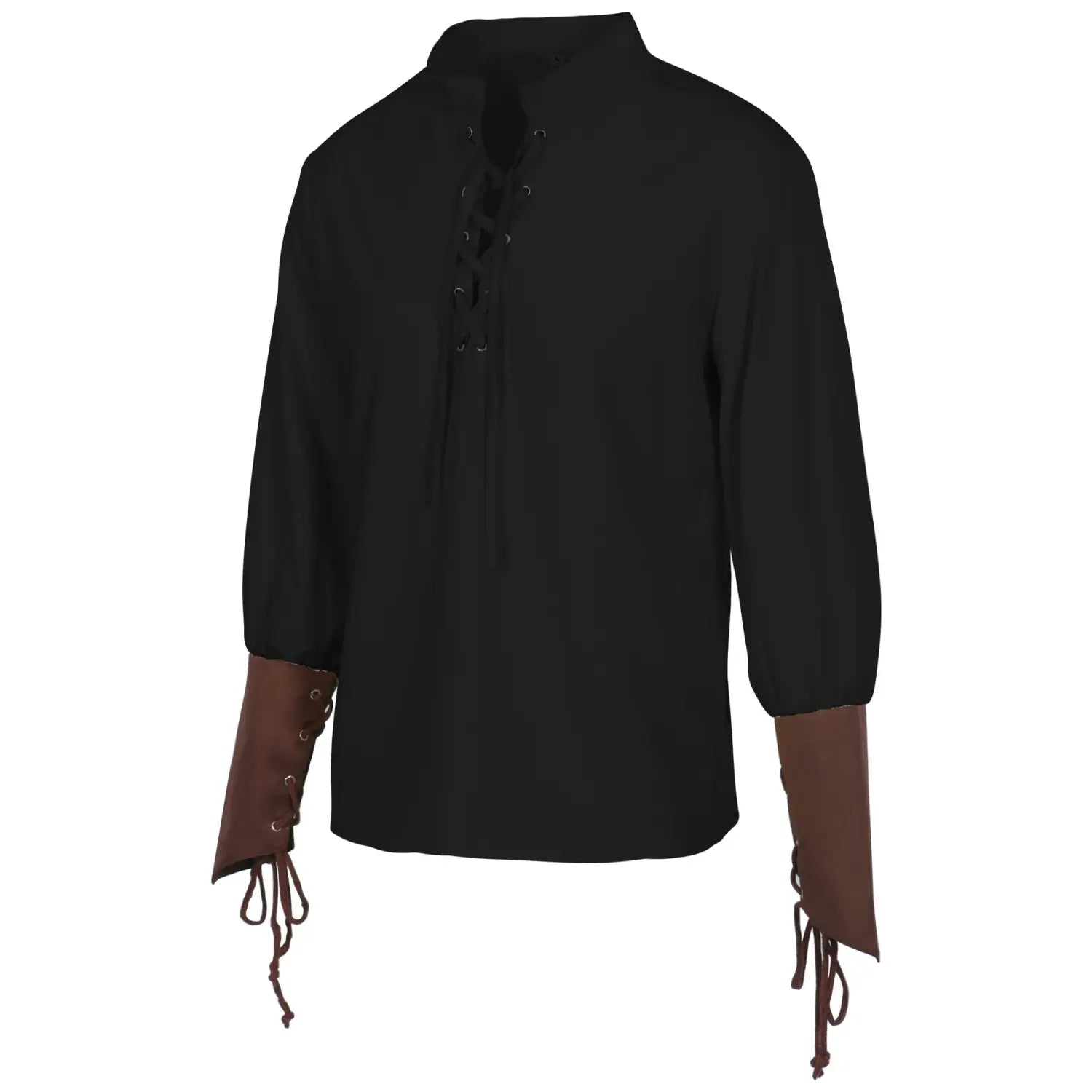 Mens pirate medieval renaissance lace up shirt in black with brown leather cuffs and front lacing details shown from the front.