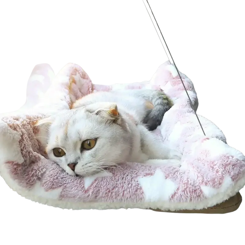 Pink and white star-patterned pet cat hammock aerial hanging bed shown from the front angle