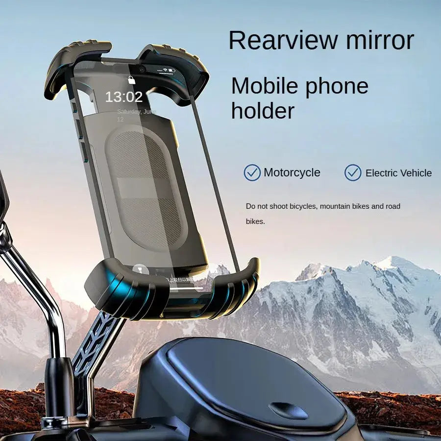 Support de téléphone pour vélo universel avec rotation à 360 degrés illustrant un porte-téléphone de rétroviseur de moto noir et bleu avec pinces réglables, vu depuis la face arrière.