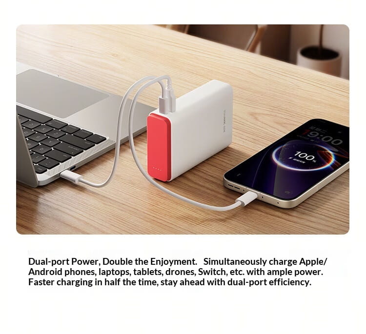 Weiße und rote Dual-Port-Tragbare Powerbank mit schlankem rechteckigem Design, bestehend aus massivem weißem Kunststoff und kräftigem rotem Silikon-Griff; bietet 120-W-Schnellladung und 15000-mAh-Kapazität für Oppo-Geräte.