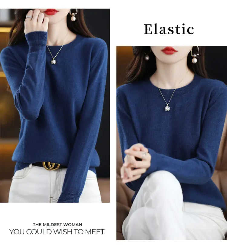 Navy blue pure wool cashmere O-neck pullover sweater made of elastic knit fabric.