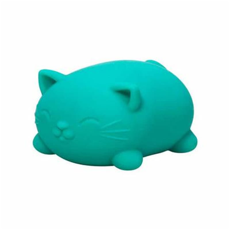 A teal-colored plush cat-shaped sensory fidget squishy toy with a soft texture and quick rebound features.