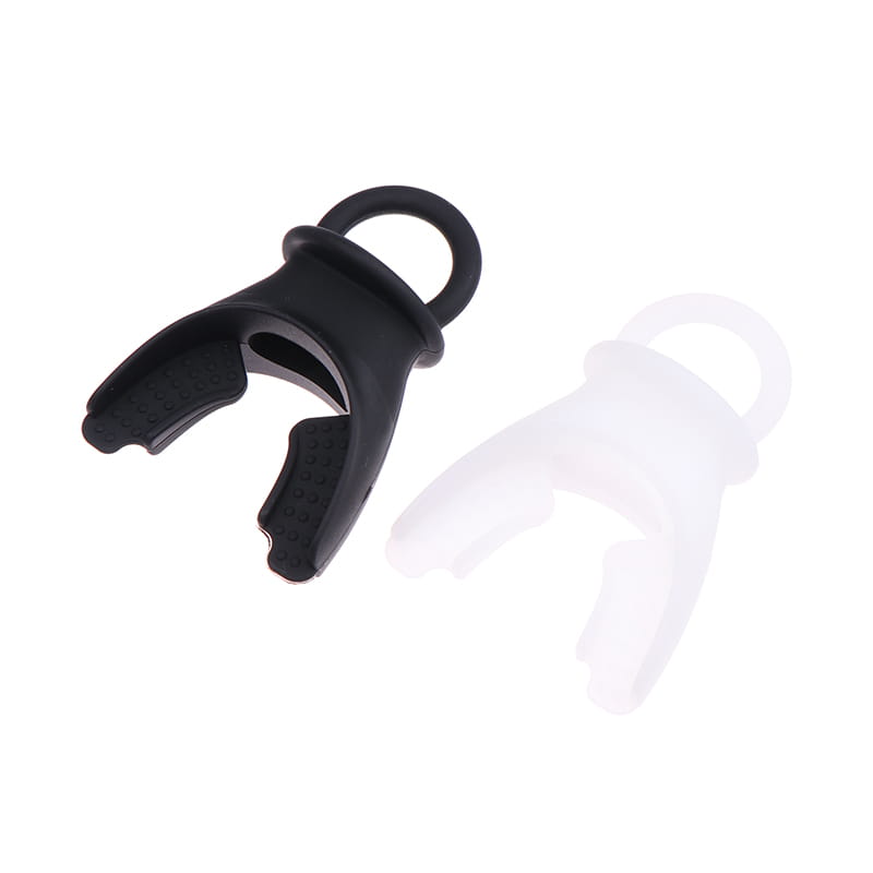 black and transparent silicone mouth guards with looped tops for attachment designed as lung capacity training device respiratory fitness tools