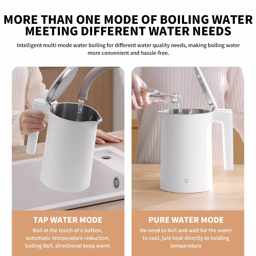 Weißer Xiaomi Mijia Smart Kettle 2 Pro Elektro-Wasserkocher mit Edelstahl-Innenraum und Griff mit minimalistischer Gestaltung.