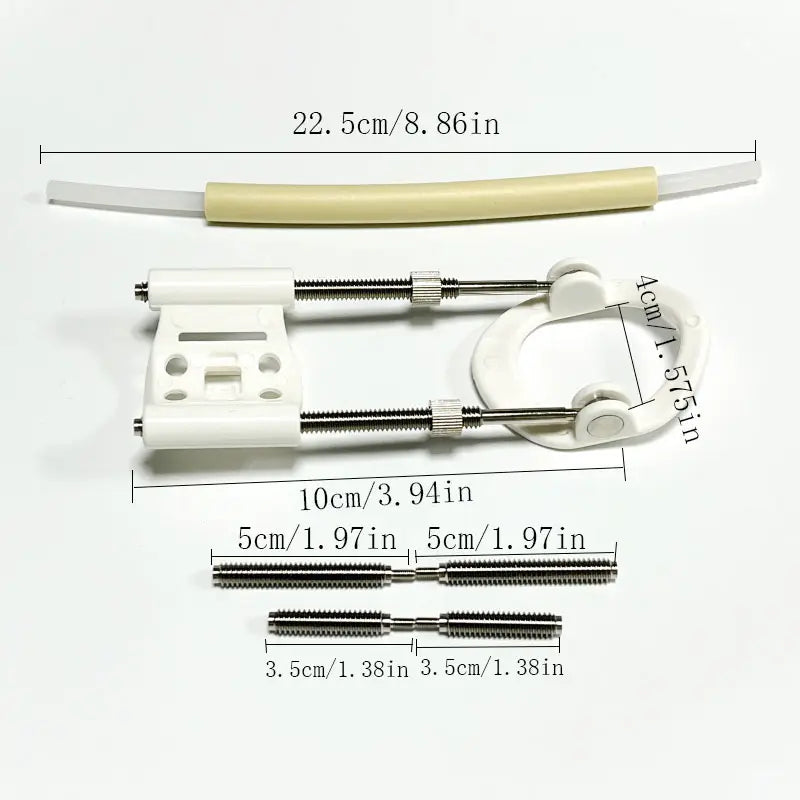 white plastic and metal adjustable finger extension device with beige silicone grip for home gym storage rack organizer for fitness equipment