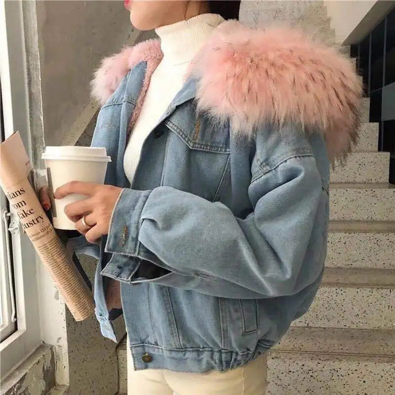 Winter Fashion Denim Jacket Hooded Coat Woman Thicken Outwear with Removable Fur Collar Clothes Warm Fleece Lined Jean Jacket
