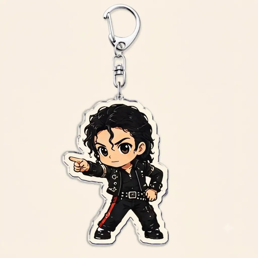 Michael Jackson chibi acrylic keychain in black outfit with red stripe featuring a silver metal clip for easy attachment.