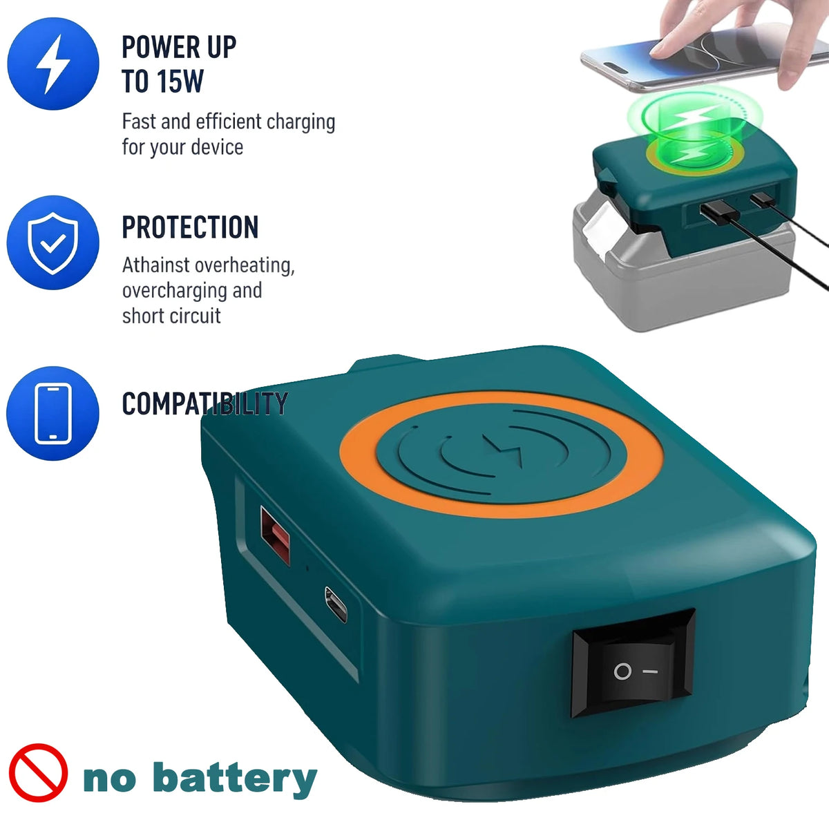 Wireless Phone Charger for Makita/Milwaukee/Dewalt Battery 18 V Battery Adapter with USB Output and Type C for Camping Travel