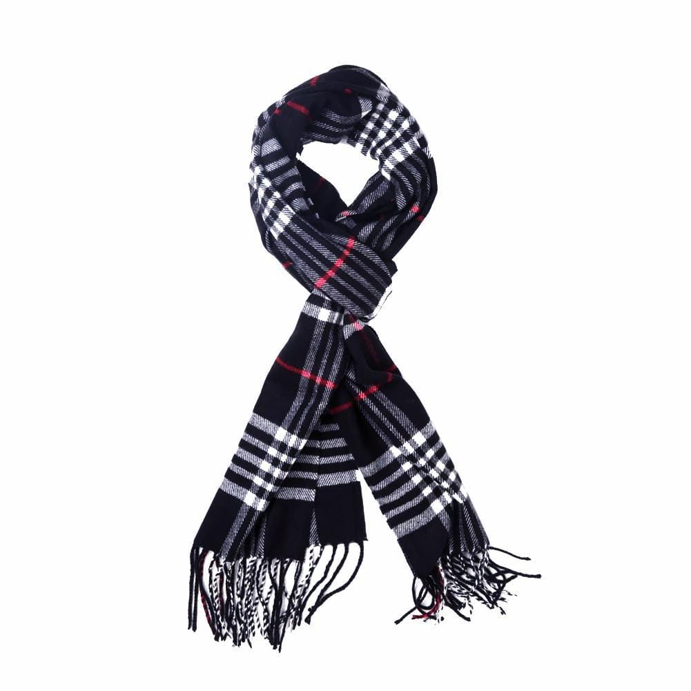 Schwarz-weißer und roter karierter Winterschal mit Kaschmirgefühl und Fransenenden, als warmer Schal gestaltet.