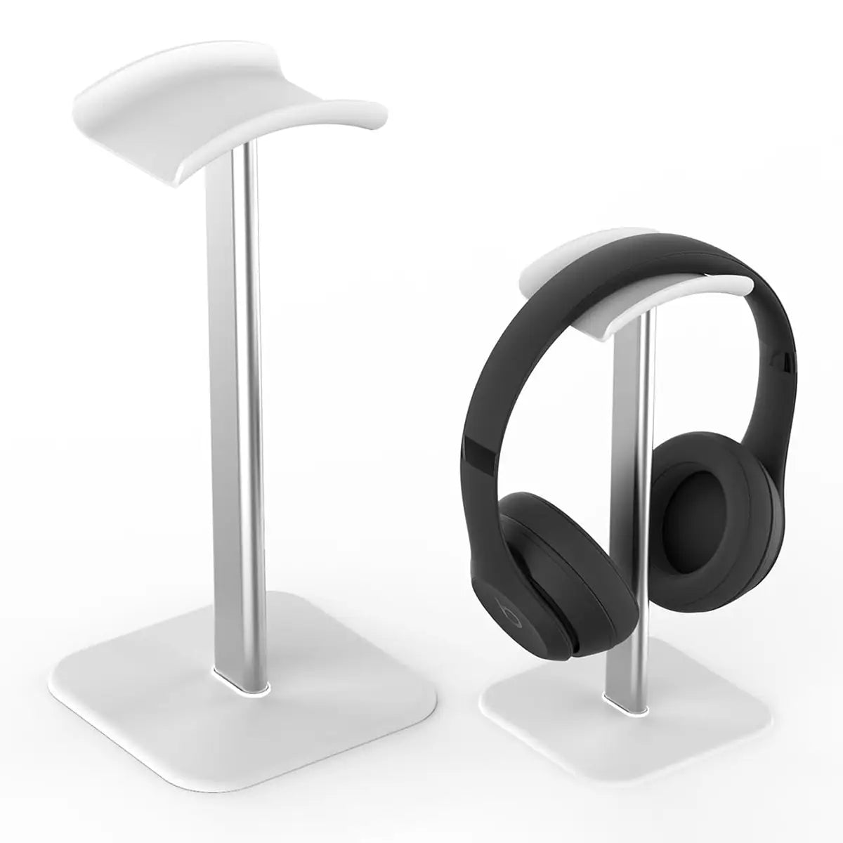 Matte aluminum headphone stand with a silver and white minimalist design and sleek modern appearance suitable as an earphone stand.