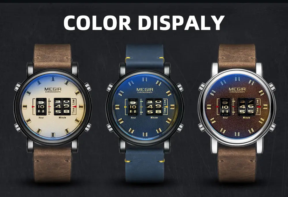 Three megir military quartz chronograph watches with digital displays and brown leather straps featuring distinct color schemes on their faces.