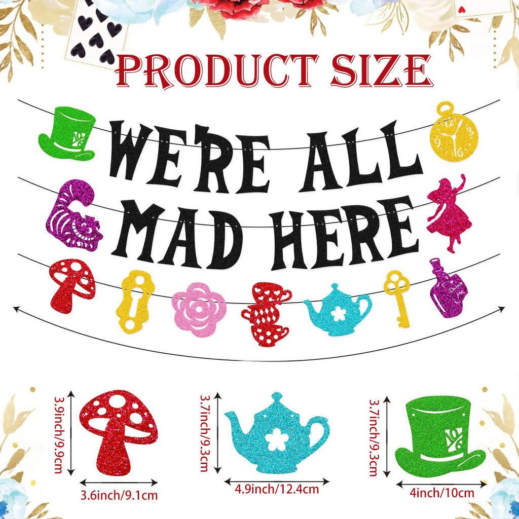 We’re All Mad Here Banner Fantasy One Years Old Birthday Party Decorations Welcome Baby Girl Boy Afternoon Tea Party Supplies