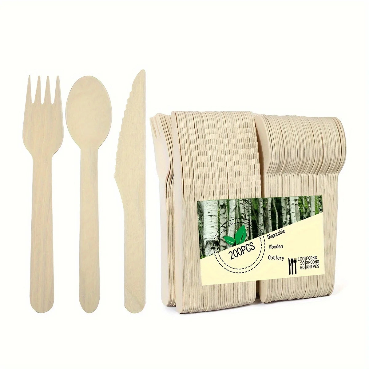 A Set of Premium Wooden Cutlery – 100/200 Pieces of Disposable Cutlery (50/100 Forks, 25/50 Knives, 25/50 Spoons), Suitable for Events and Catering Services, Includes 5.5inch / 6.3inch Utensils, with a Wooden Table Cutlery