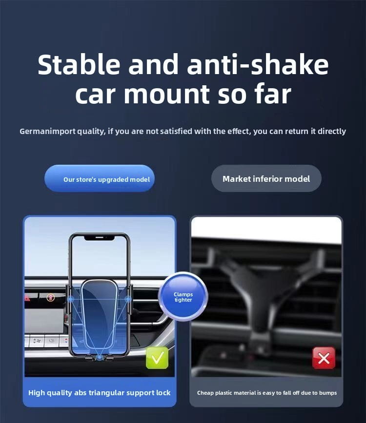 gravity car phone holder air vent mount with stable and anti-shake design featuring a high-quality abs triangular support lock in black shown from the back side