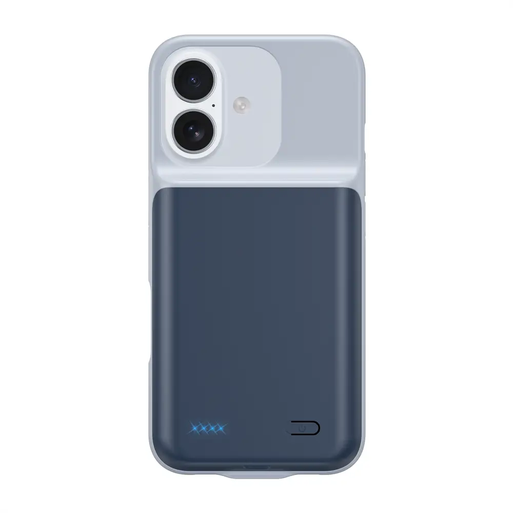 Die Rückseite einer eleganten zweifarbigen Pro-Max-Akku-Ladehülle für iPhone 16- und 17-Serien mit einem hellgrauen oberen Bereich und einem dunkel-navyblauen unteren Akkupack