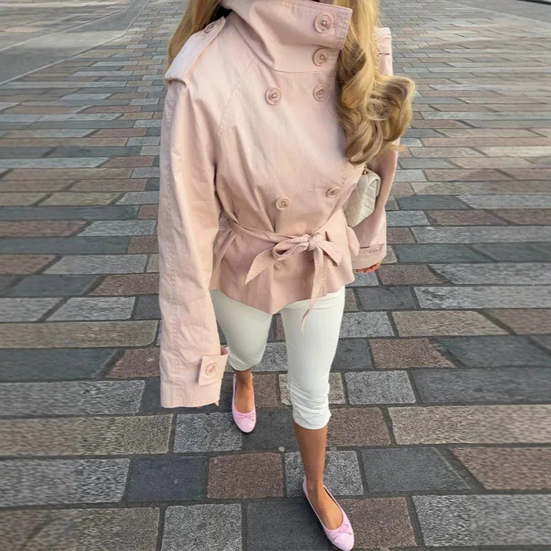 Women's New Short Trench Coat Women's Stand-up Collar Double-breasted Lace-up Waist Jacket