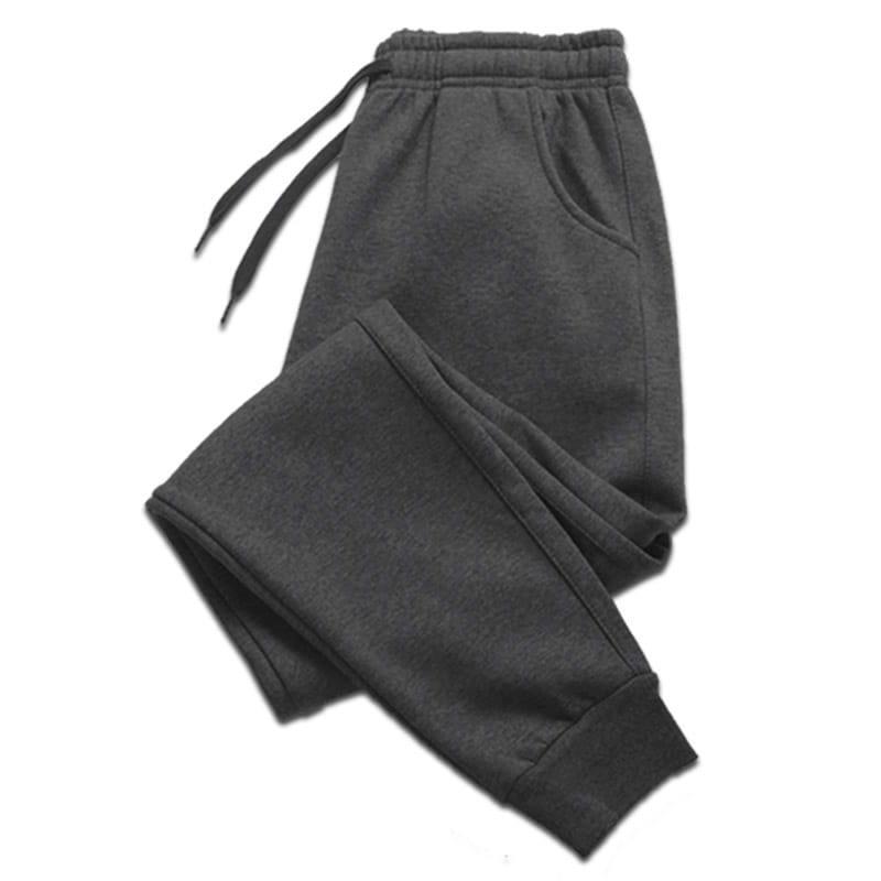 Dark gray men fleece jogger sweatpants with a drawstring waistband and ribbed cuffs designed for casual and workout use.