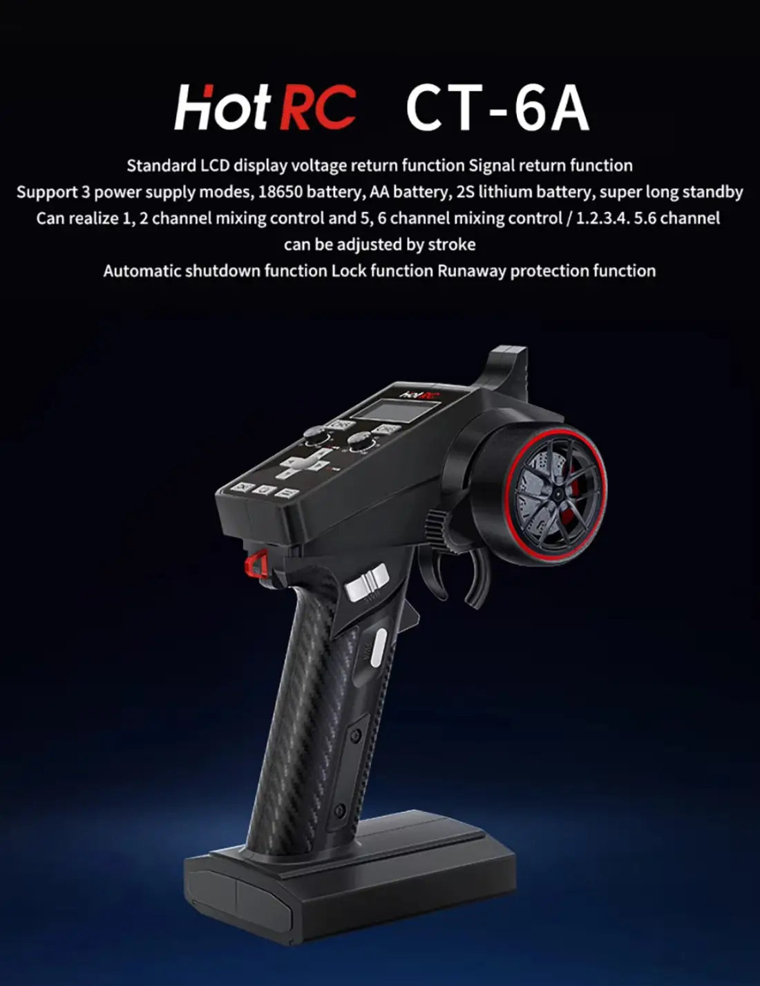 Control remoto negro ct-6a para coche y barco RC con empuñadura con textura tipo fibra de carbono y gatillo del acelerador con acentos rojos.